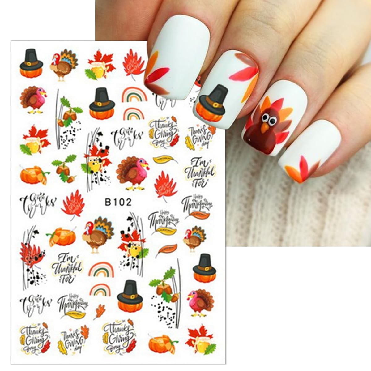 8 Sheets Thanksgiving Nail Decals 3D Self-Adhesive Autumn Multicolour