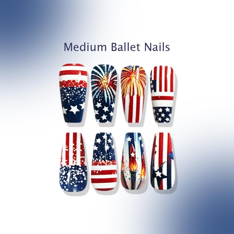 48p-Patriotic Fake Nails with Red White Blue Glitter, Fireworks and Star Details