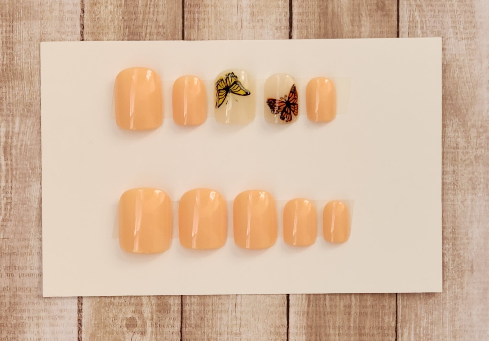 Custom Press On Handmade Gel Nails Peach Butterfly Accent Square Short 20 Tips