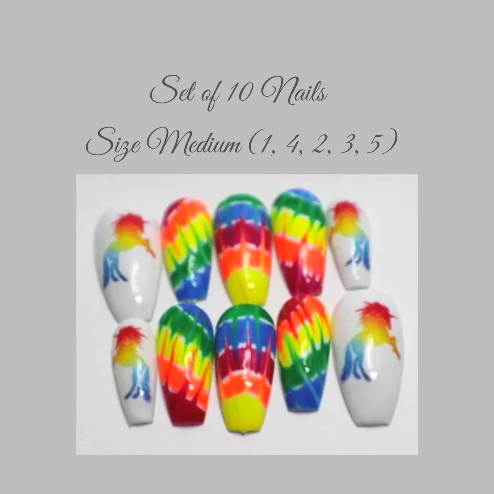 Psychedelic Tie-Dye Unicorns Press-On Nail Set – Long Ballerina (Size Medium)