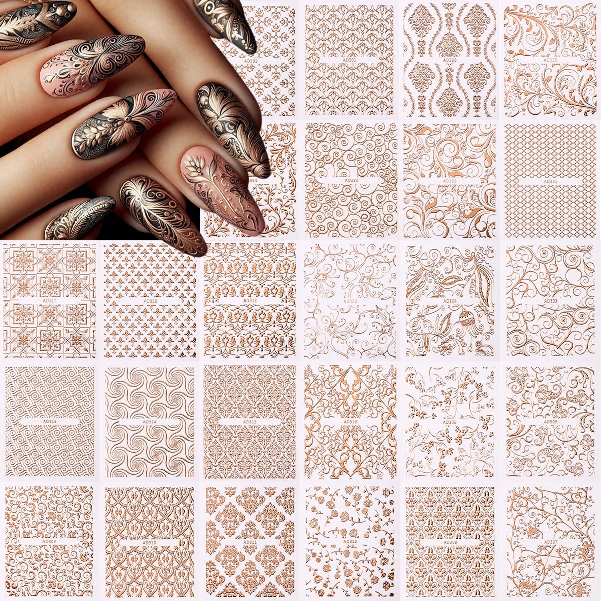 26 Sheets Rose Gold Nail Stickers Set, 3D Adhesive Nail Decals with Metal Geo…