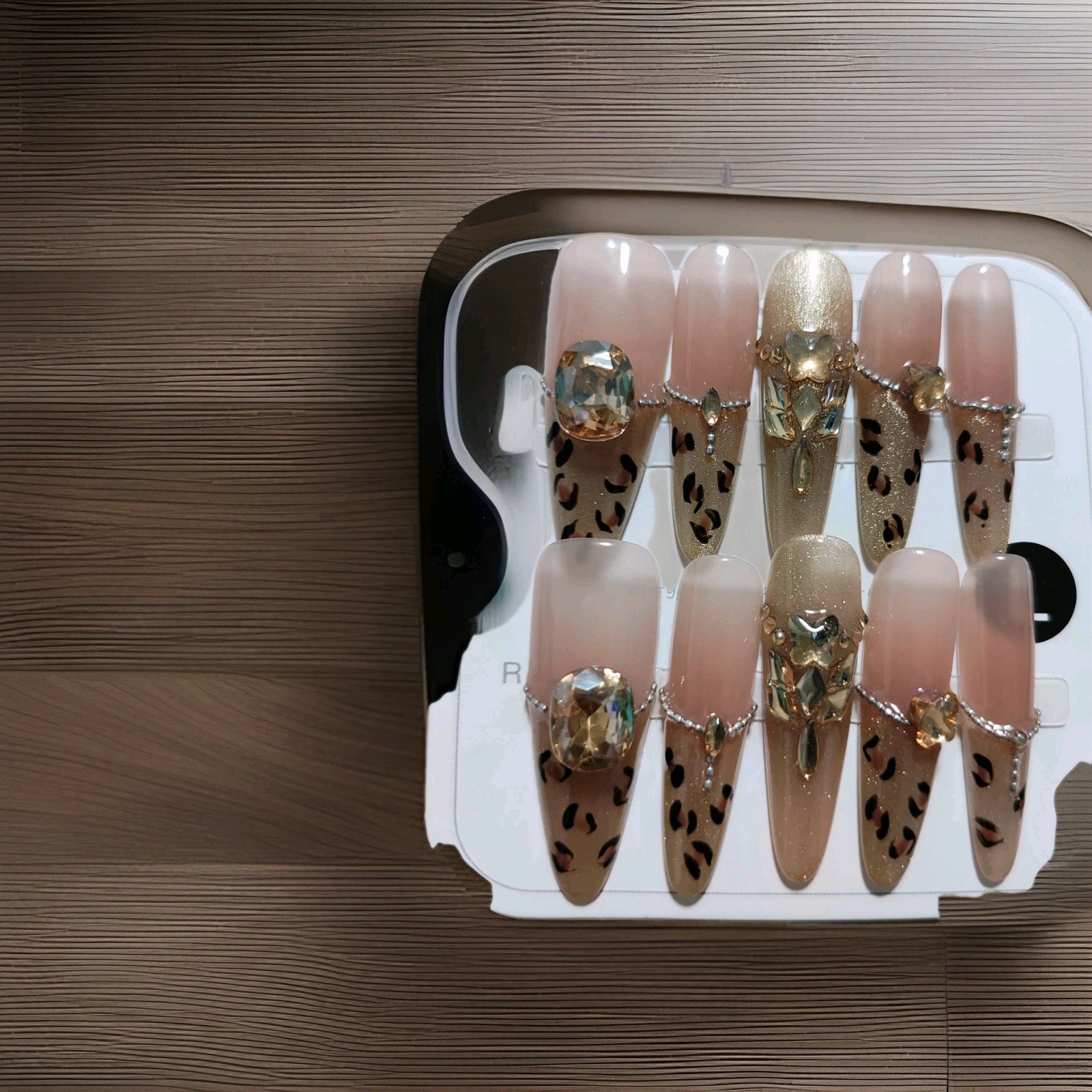 Gold Nude Black Long Coffin 3D Leopard Cat Eye Press-On Nails Full Cover