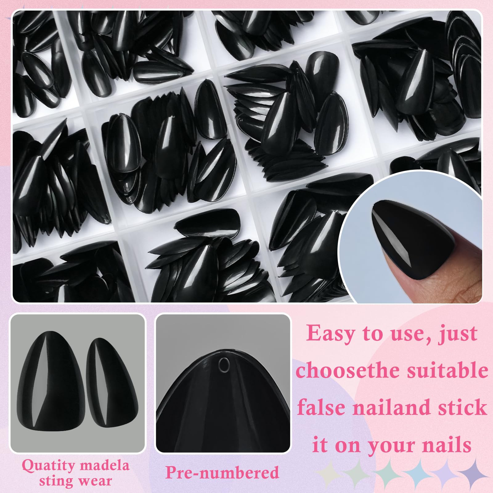 360pc Almond Press on Nails Short Fake Nails Black Glue on Nails XS Short Acryli