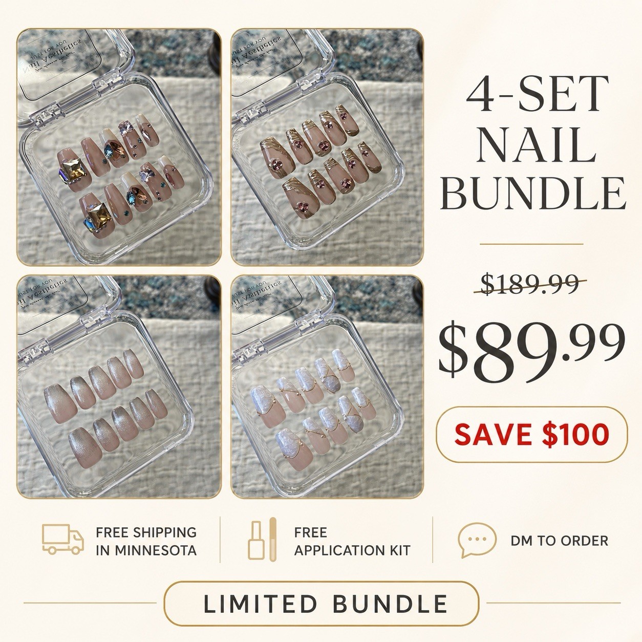 Press-On Nails Medium Square Pink & White Shiny Marble Full Cover Pre-Designed