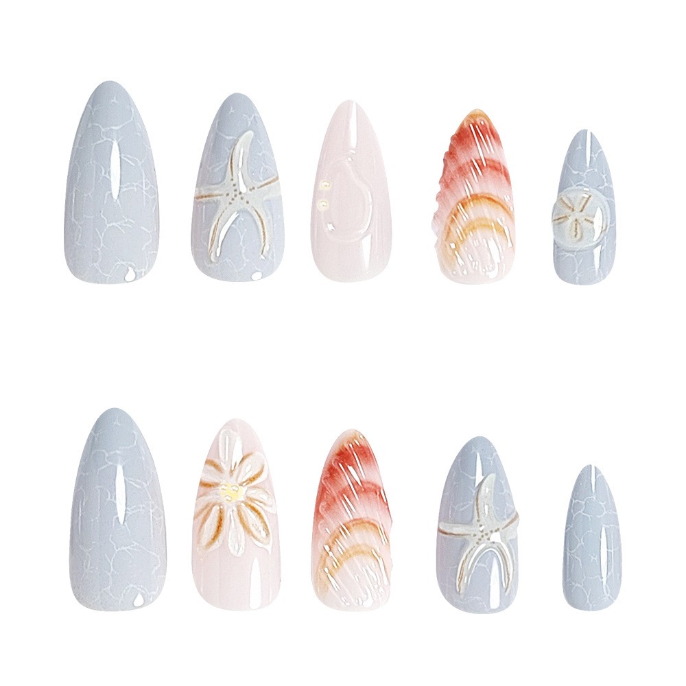 24pcs Summer Ocean Blue 3D Shell Design Press on Nails, Medium Almond