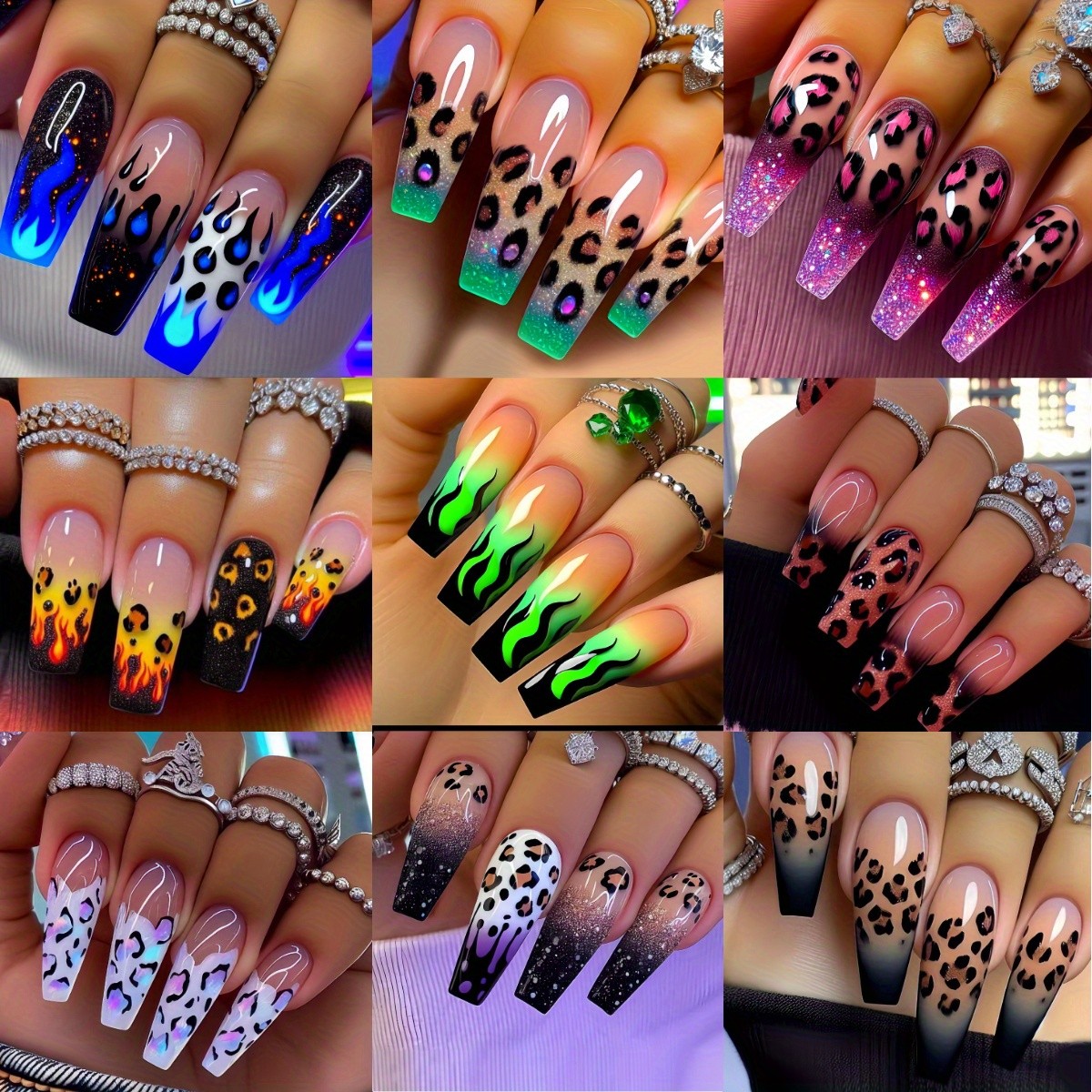 216pcs Bold Leopard Flame Press On Nails Neon Color Long Fake Nails for Party