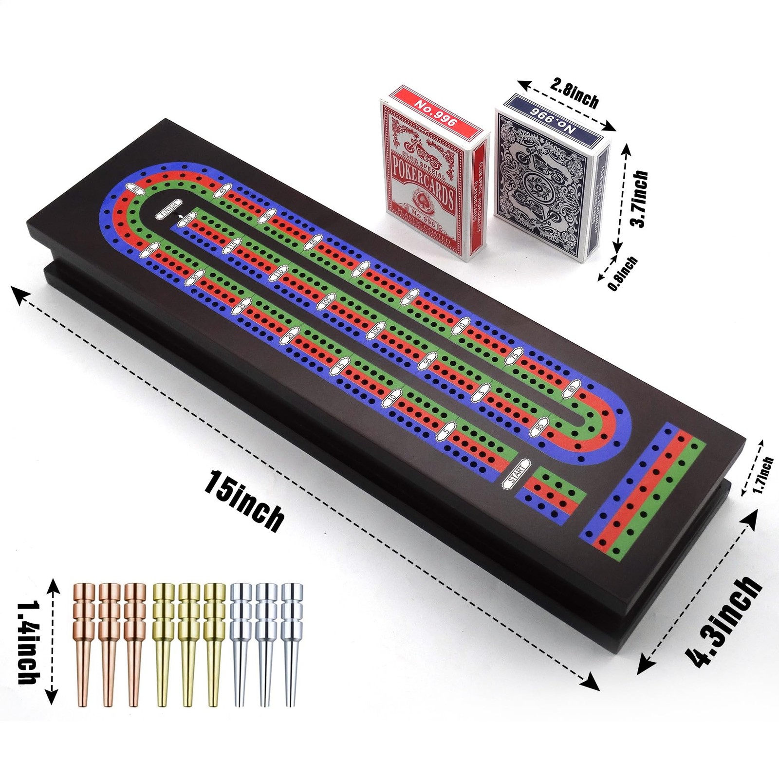VVSBPL Wooden Cribbage Board Game Set with 15.5 x 4.5 x 2.1 inches, Brown