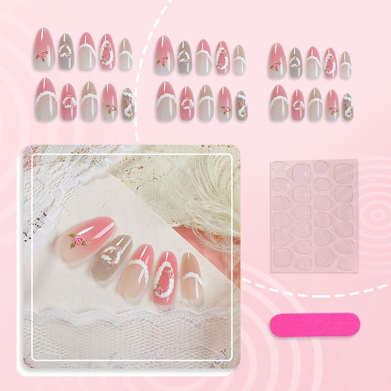 48Pcs-Pink Fake Nails Long Almond 3D Lace Trim Tiny Flower Sweet False Nails