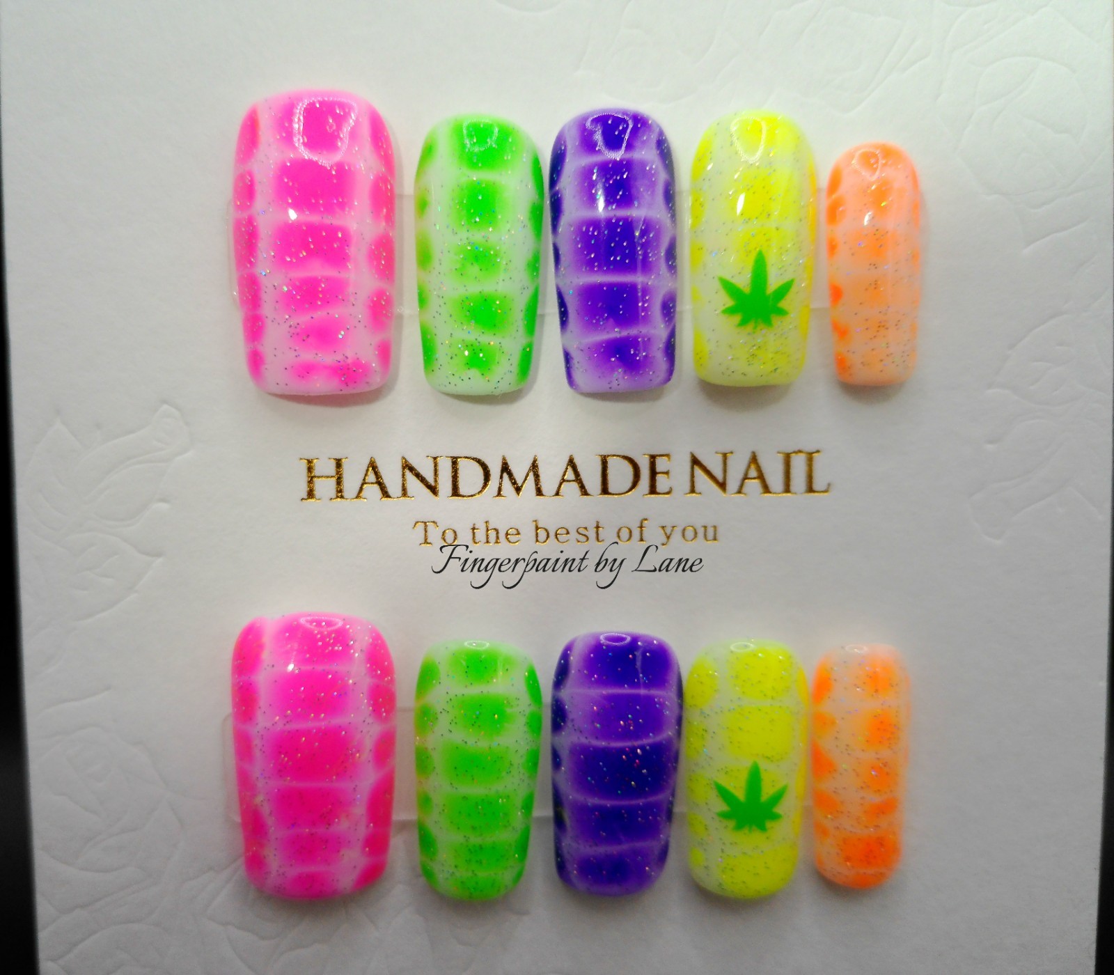 Square Neon Marijuana Weed Cannabis Press On Nails – Medium Size
