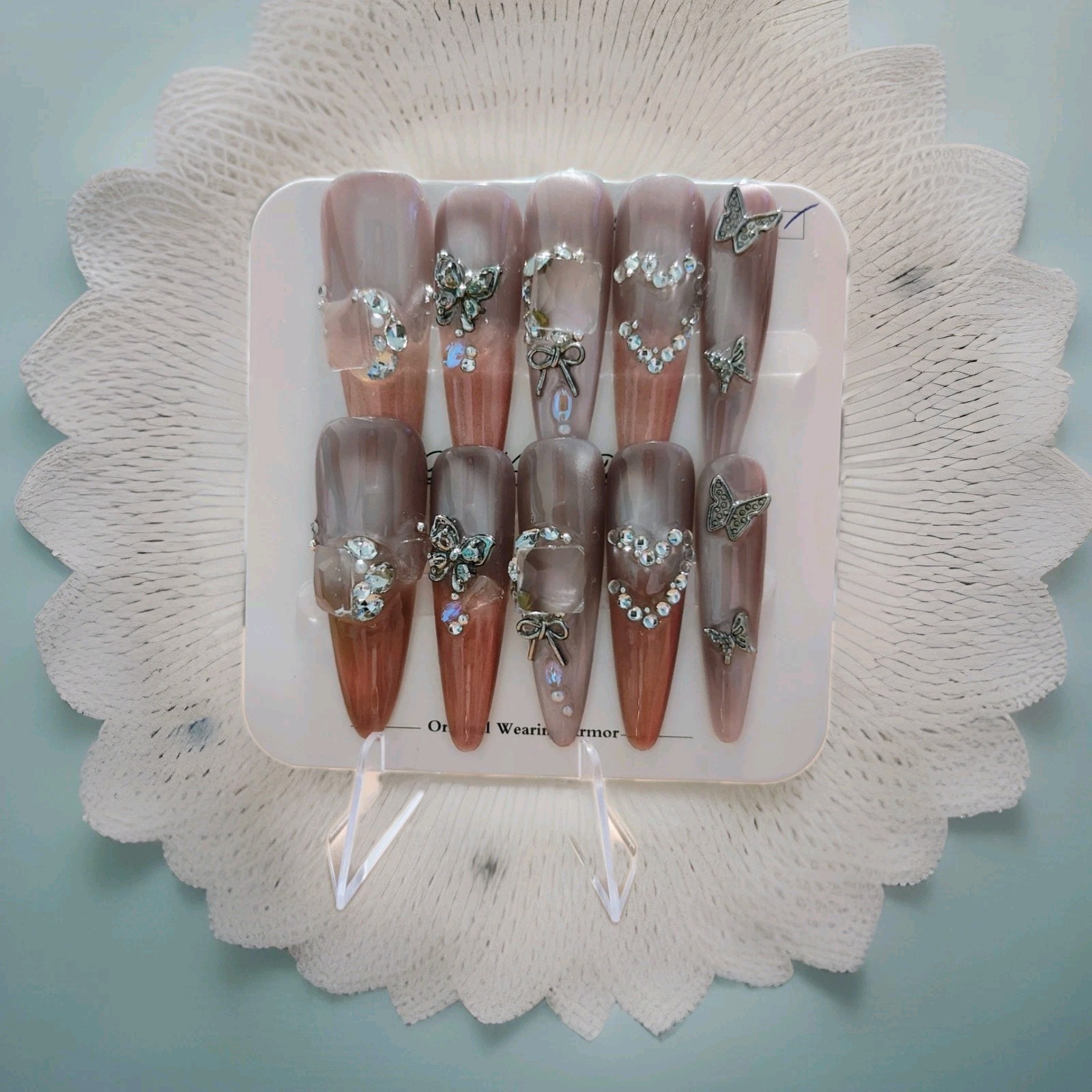 Pink Rose Gold Cat Eye 3D Butterfly Bow Long Almond Press-On Nails Full Cover