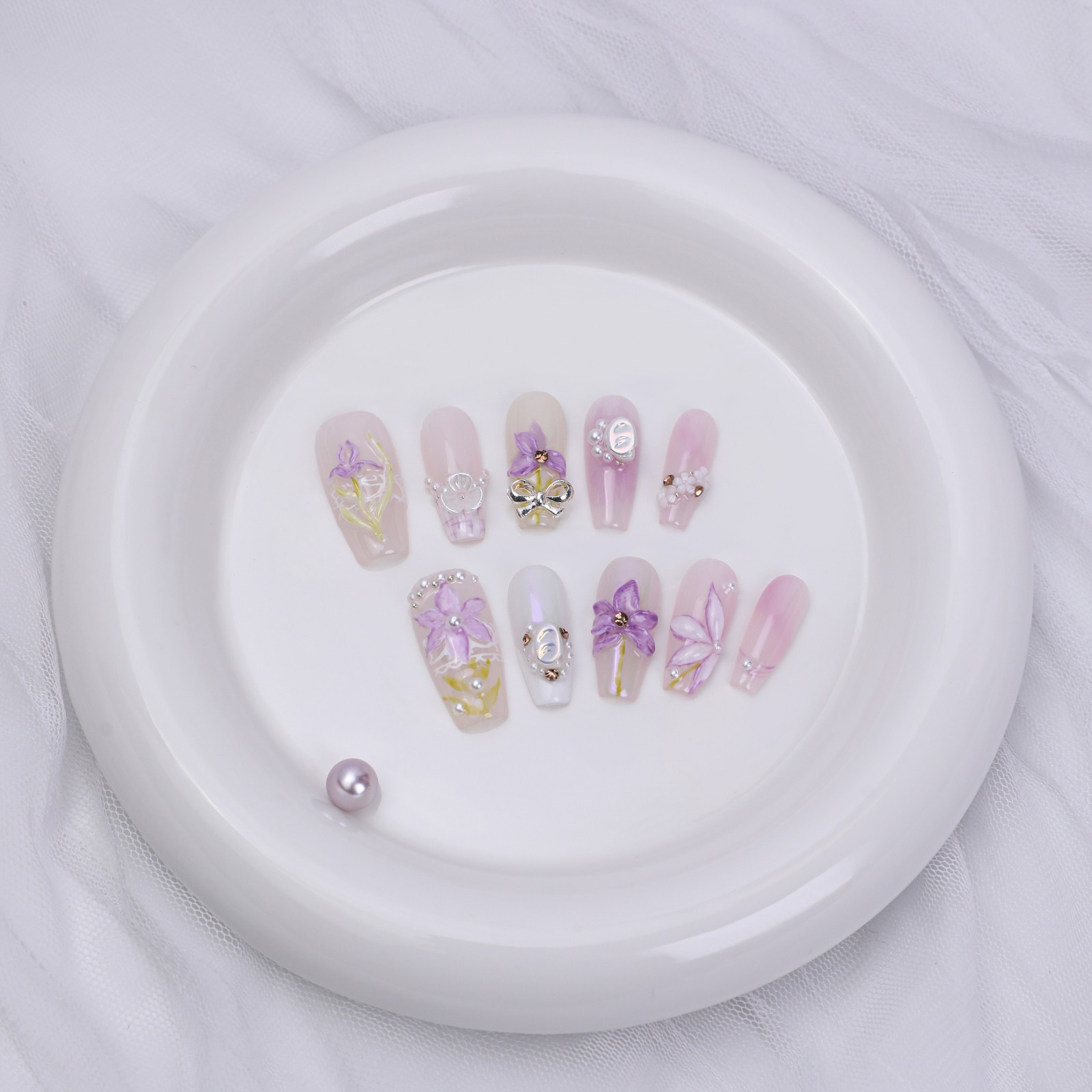 Handmade Pink Purple Lily Press On Nails Medium Coffin Pearl Bow Fairy Elegant