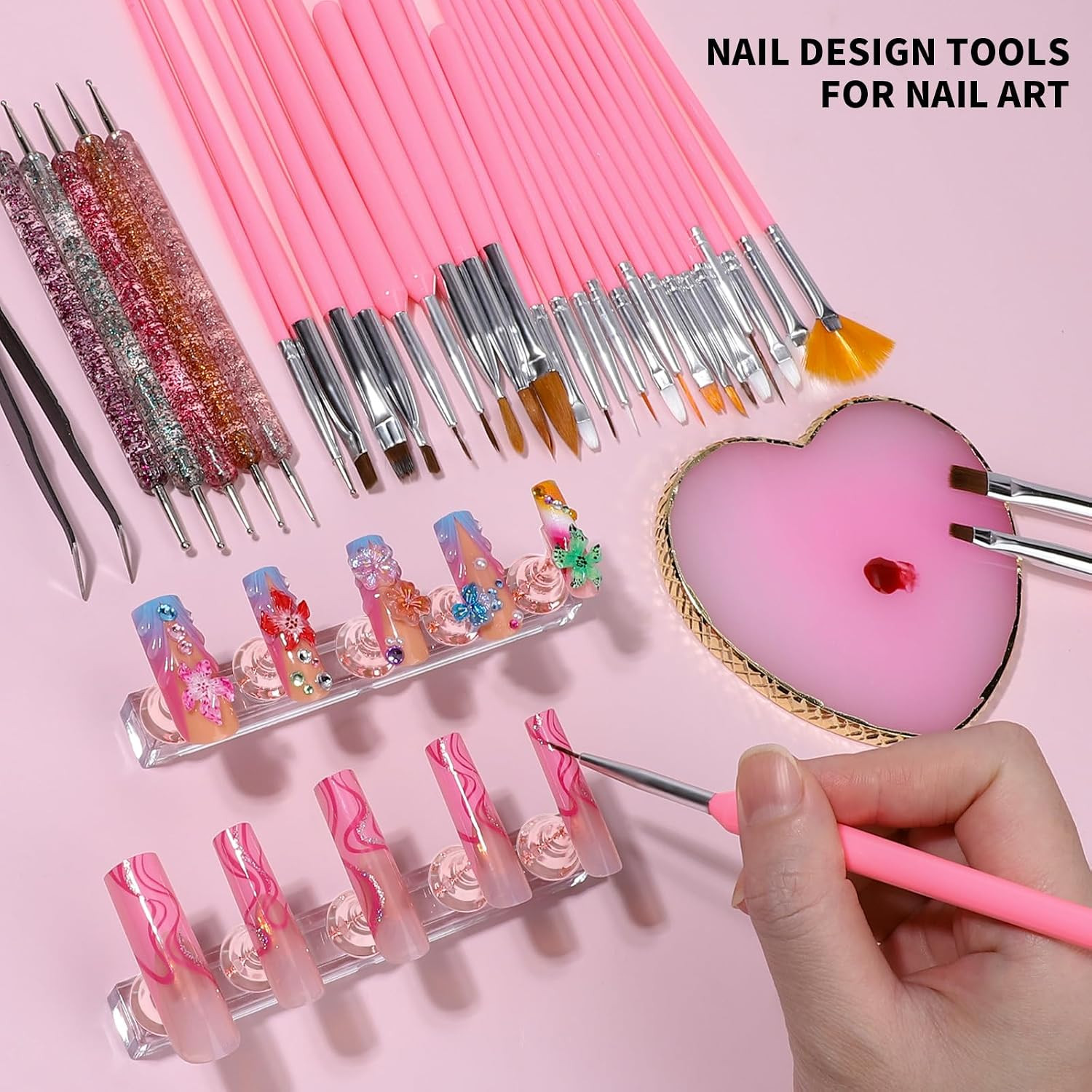15 Pc Nail Art Brush Set Nail Stand Palette Dotting Tools Tweezers Painting Kit