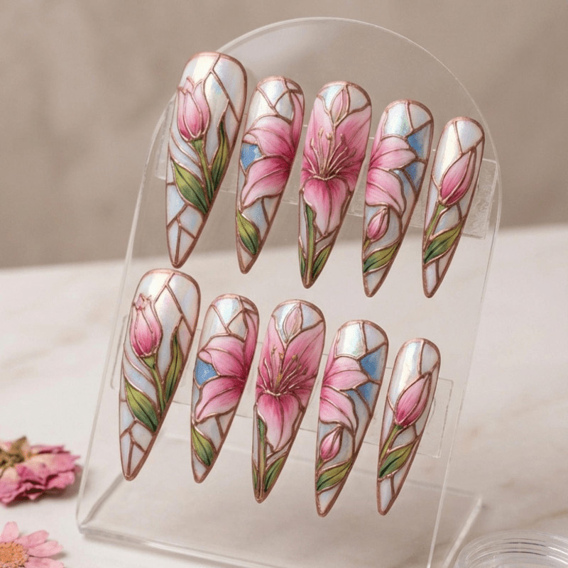 Lily Stained Handmade Press on Nails Gold Line Pastel Gloss Elegant Fake Nails