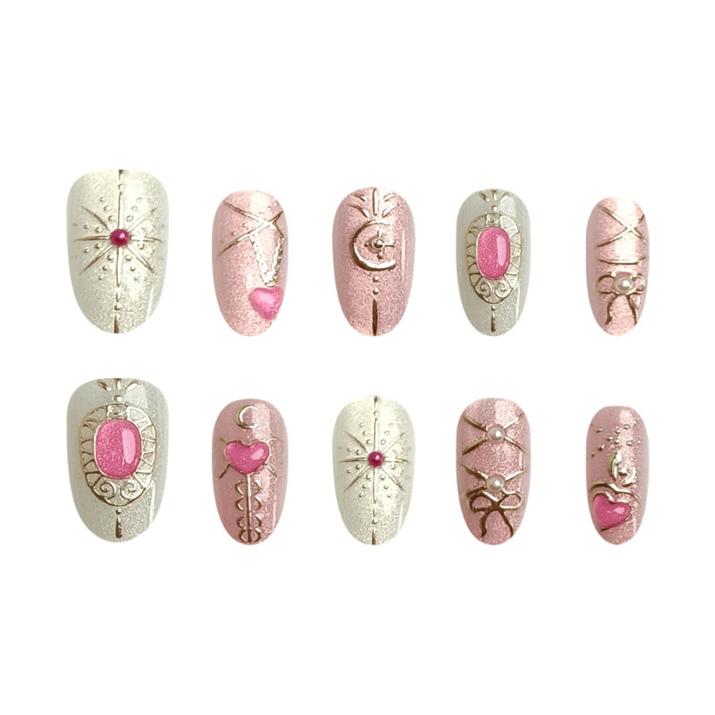 48pcs Short Oval Press on Nails, Nude Pink Rose Gold Heart Gem Elegant Nails
