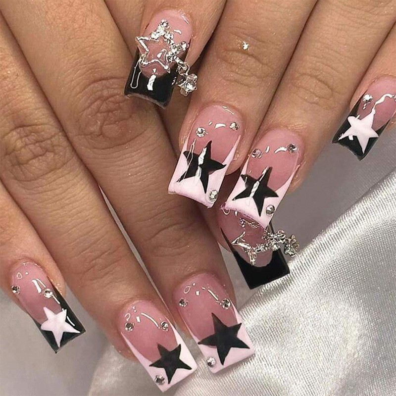 48Pcs-Press on Nails Y2K Star Charm Glossy Square Nail Art Set Reusable Handmade