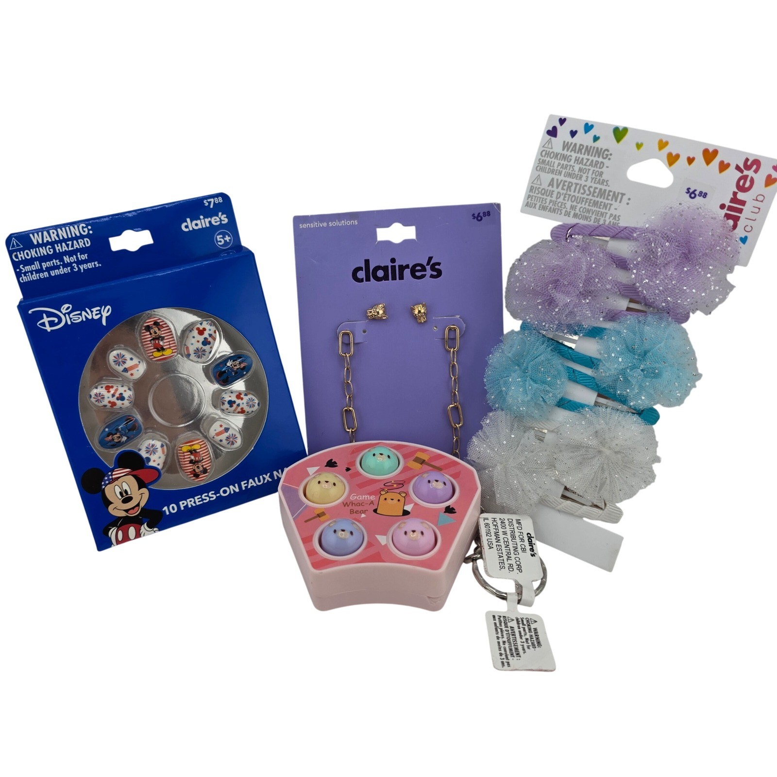 Claire’s Assorted Accessory Lot Disney Nails Earrings Hair Clips Game