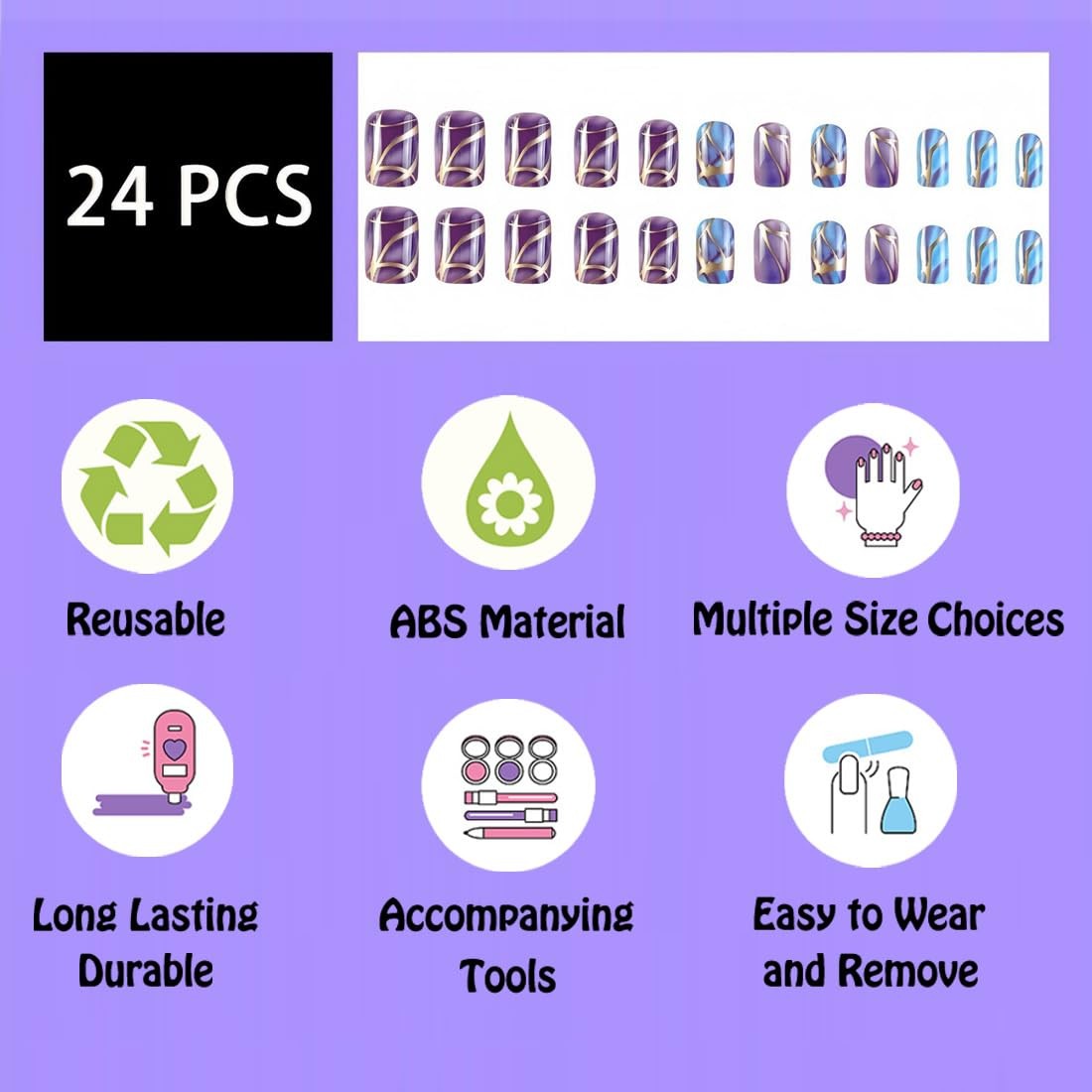 Square Marble Press on Nails Purple Short Medium fake Nail