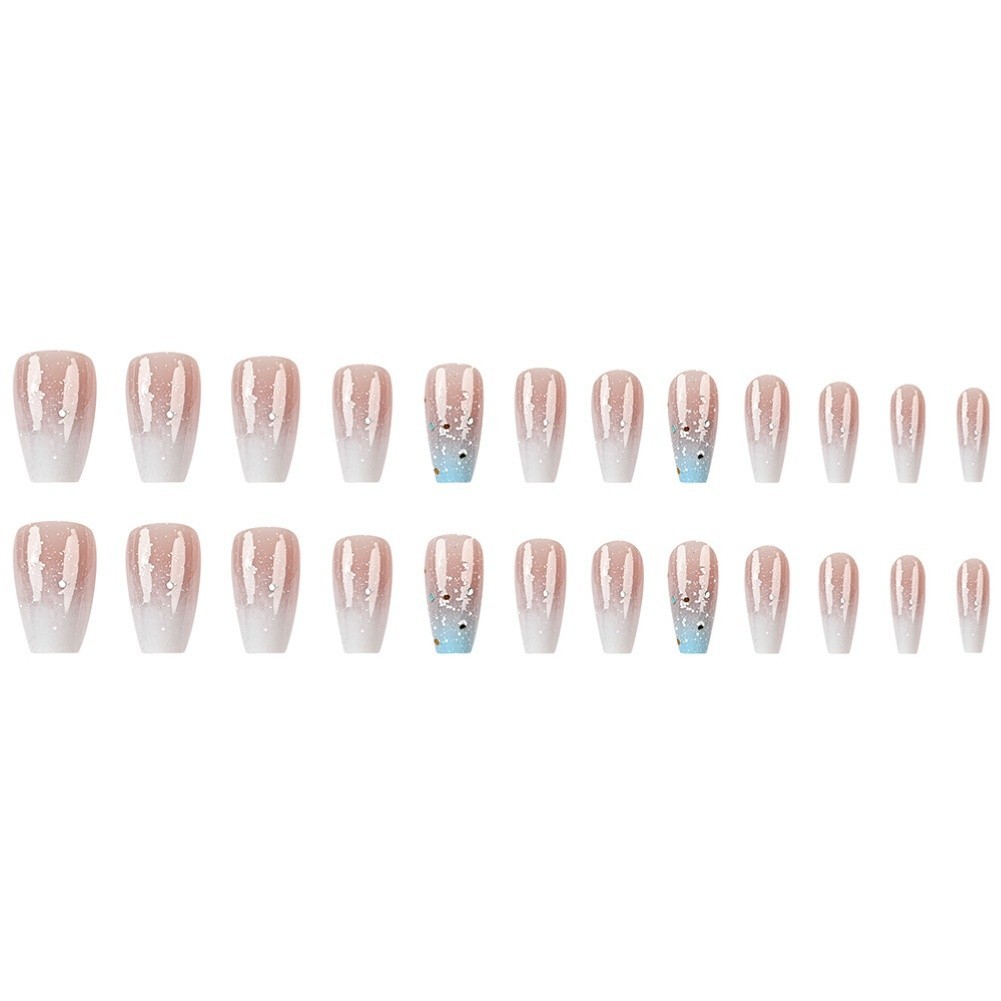 White Blue Ombre Glitter Press On Nails Short Ballet Shape ABS Nail Tips