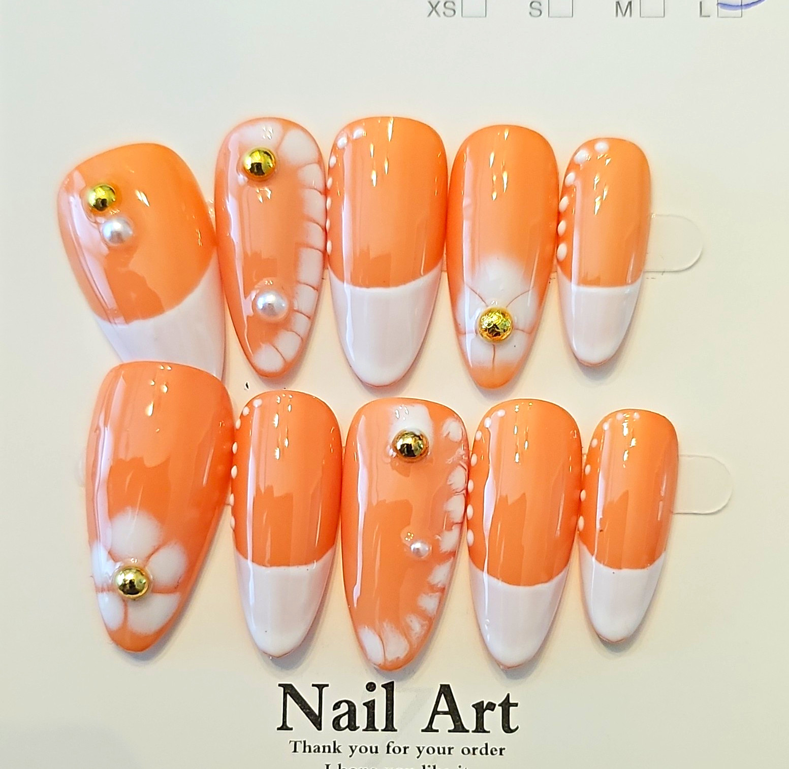 Press-On Nails Large, Medium Length Almond White French Floral