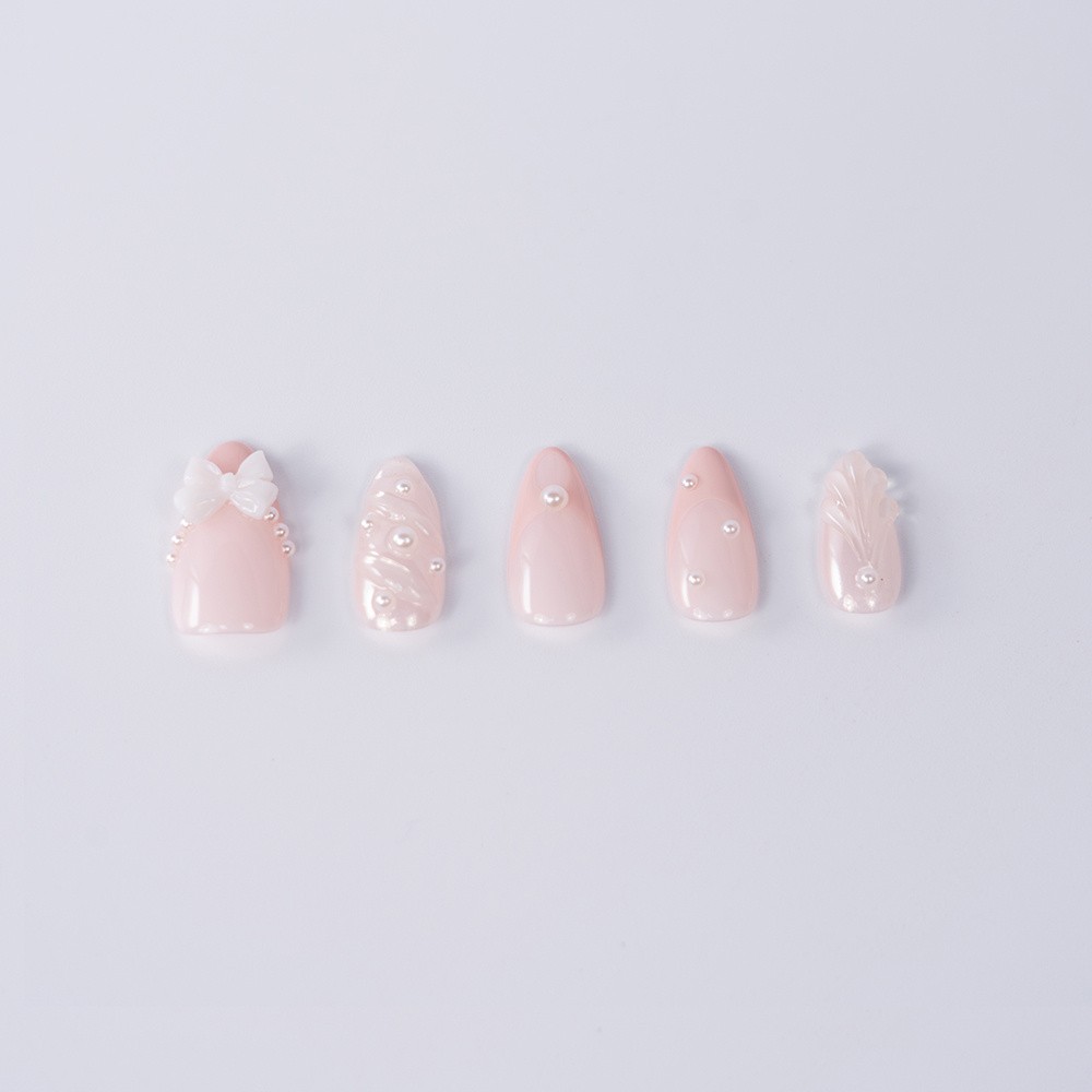 Handmade High Quality Almond Press On Nails Light Pink Pearl Bow Fake Nails S-L
