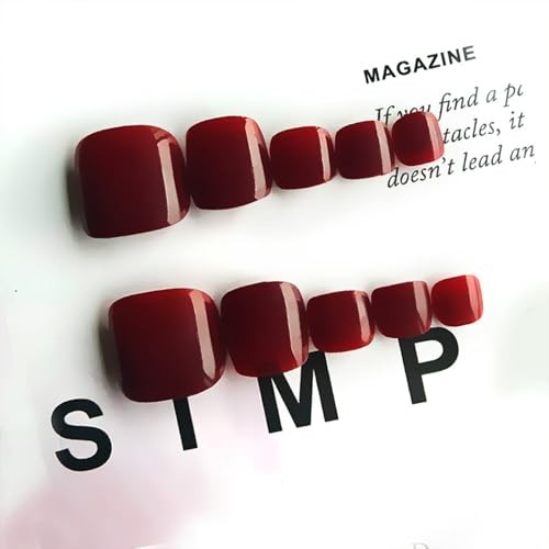 Burgundy Press On Toenails Glossy Short Square Fake Toe Nails Solid Color Red3