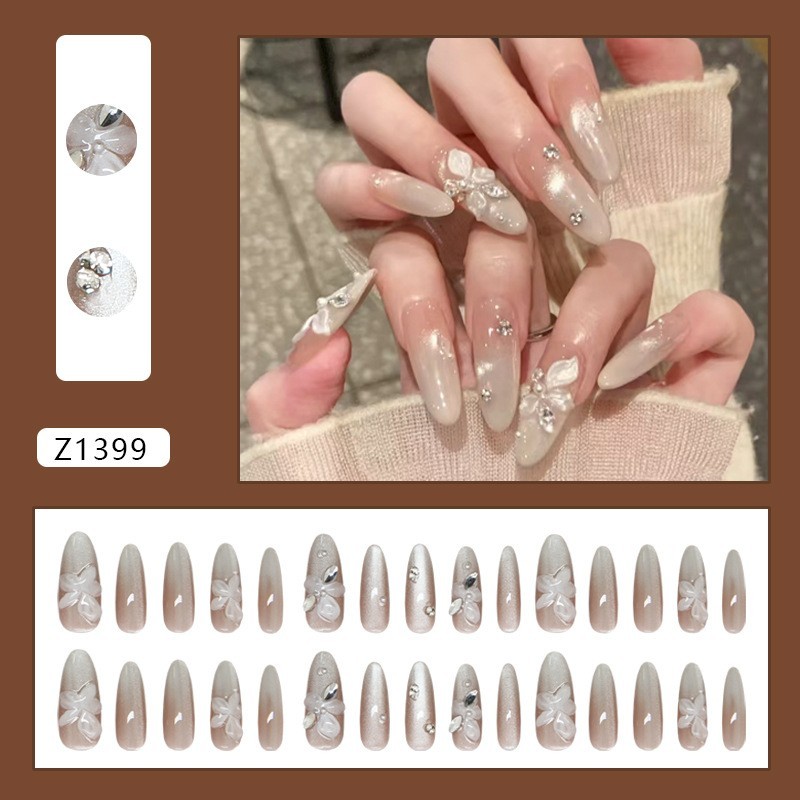 Cat Eye Gradient Press On Nails Featuring Pear Blossom Glitter Accents