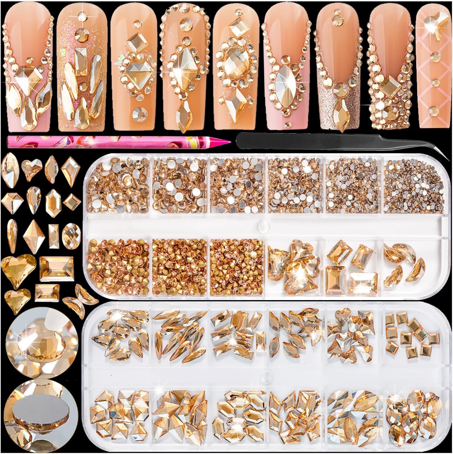 8000pcs AB Crystal Nail Gems Kit: 240 Shapes, 3D Charms, Wax Pen & Tweezer