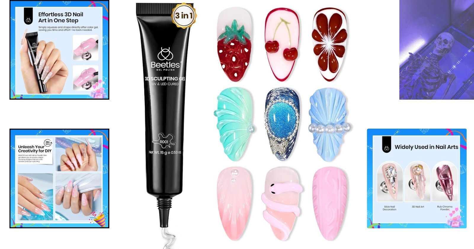 3-in-1 Beetles Sculpting Gel – Rhinestone Nail Glue for Creative Nail Art 15ml