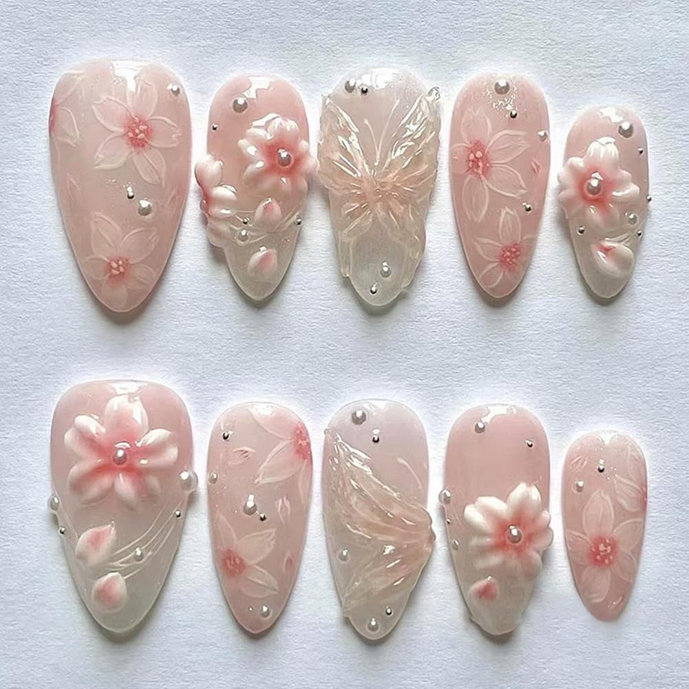 Almond Shape Press on Nails Medium Fake Nails with 3D Flower Line Pearl Handm…