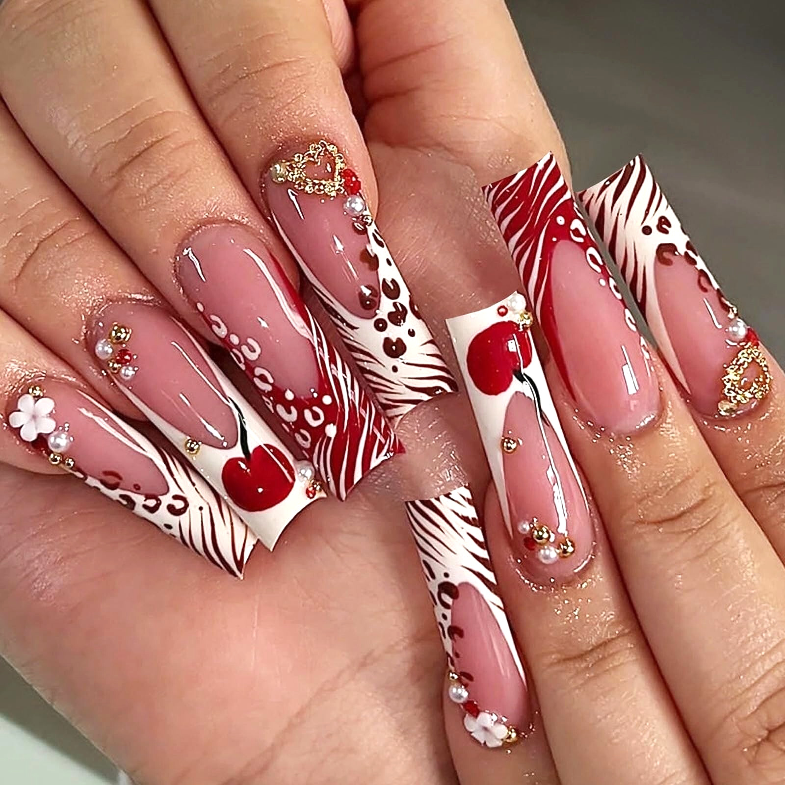 Cheetah Press On Nails – Red White Rhinestone Cherry Acrylic Long Square 24Pcs
