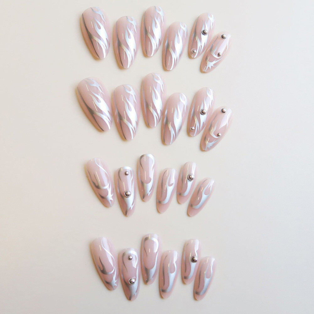 24PCS Silver Waves Almond Fake Nails Non-Toxic Odorless Not Hurt to Hands Nails