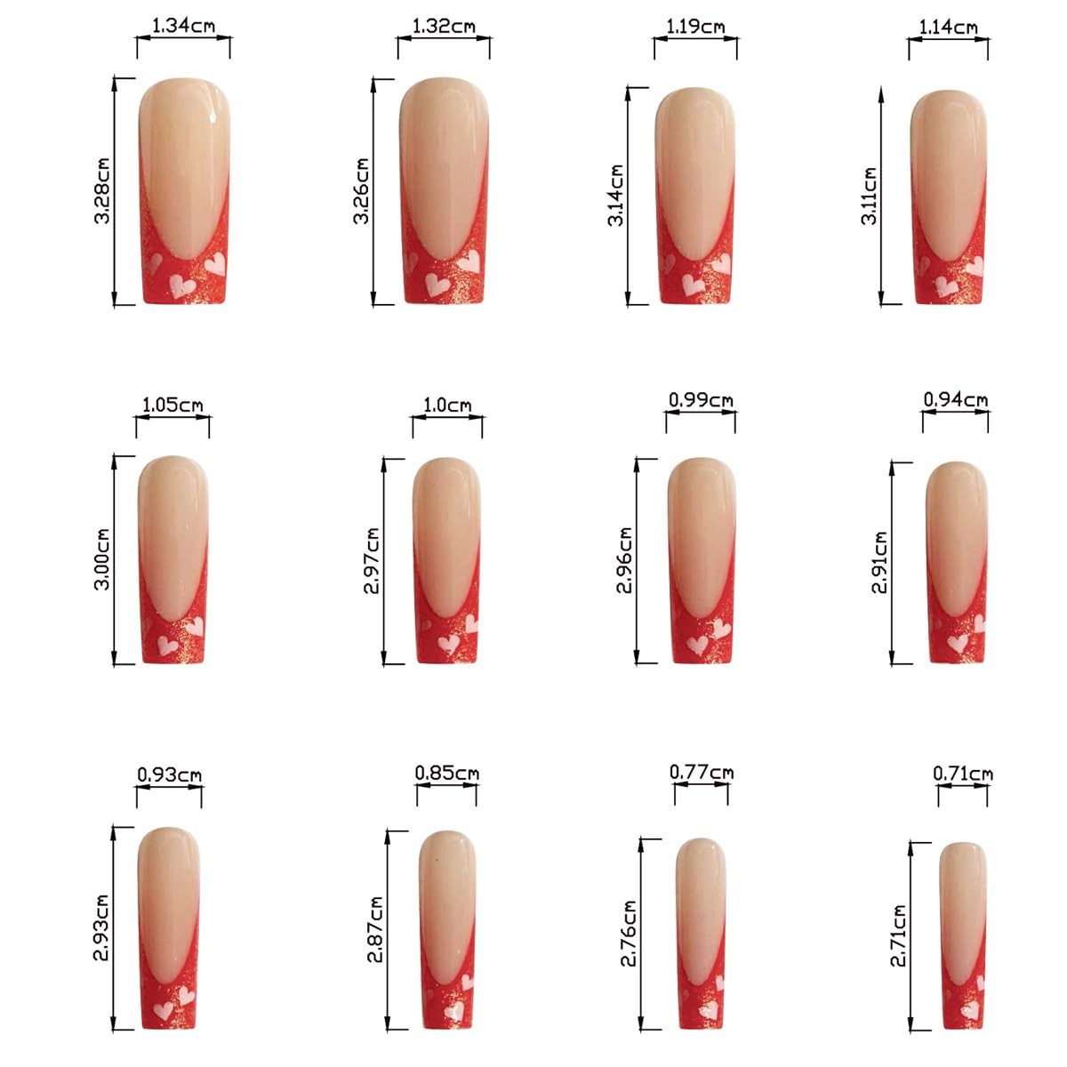 Valentine’s Day French Press Nails: Long Square Red Tips in Love Heart Design…