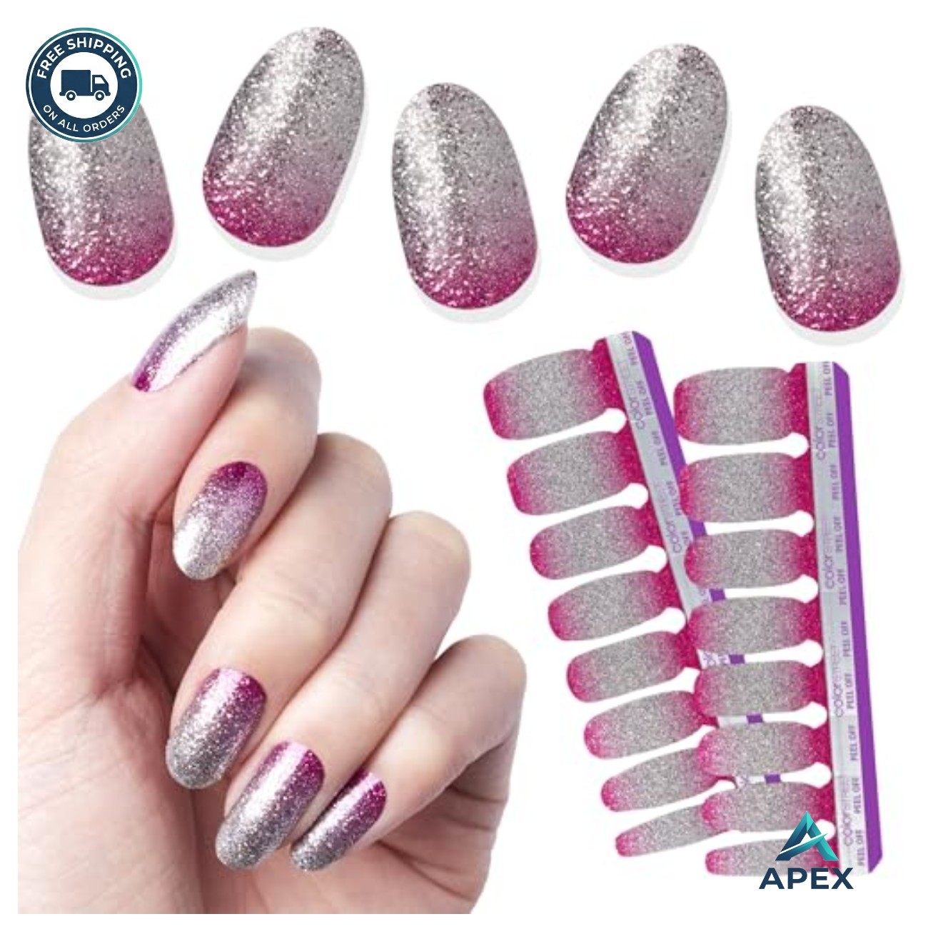 Nail Art Stickers 16 Double-Ended Nail Strips Pink Silver Glitter Gradient Peel