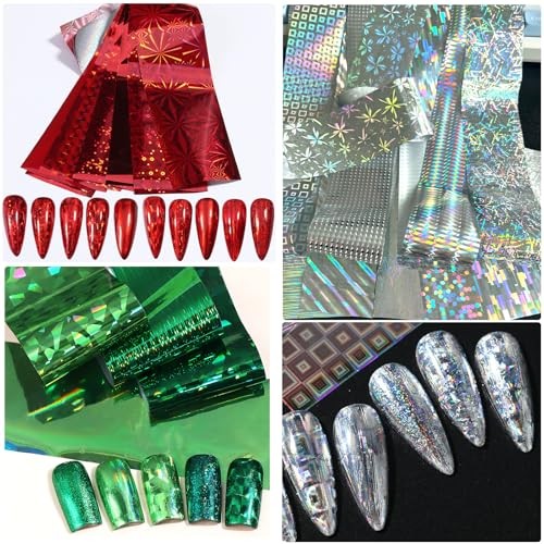 50 Sheets Holographic Nail Foil Transfer Stickers, Red Purple Green Color a