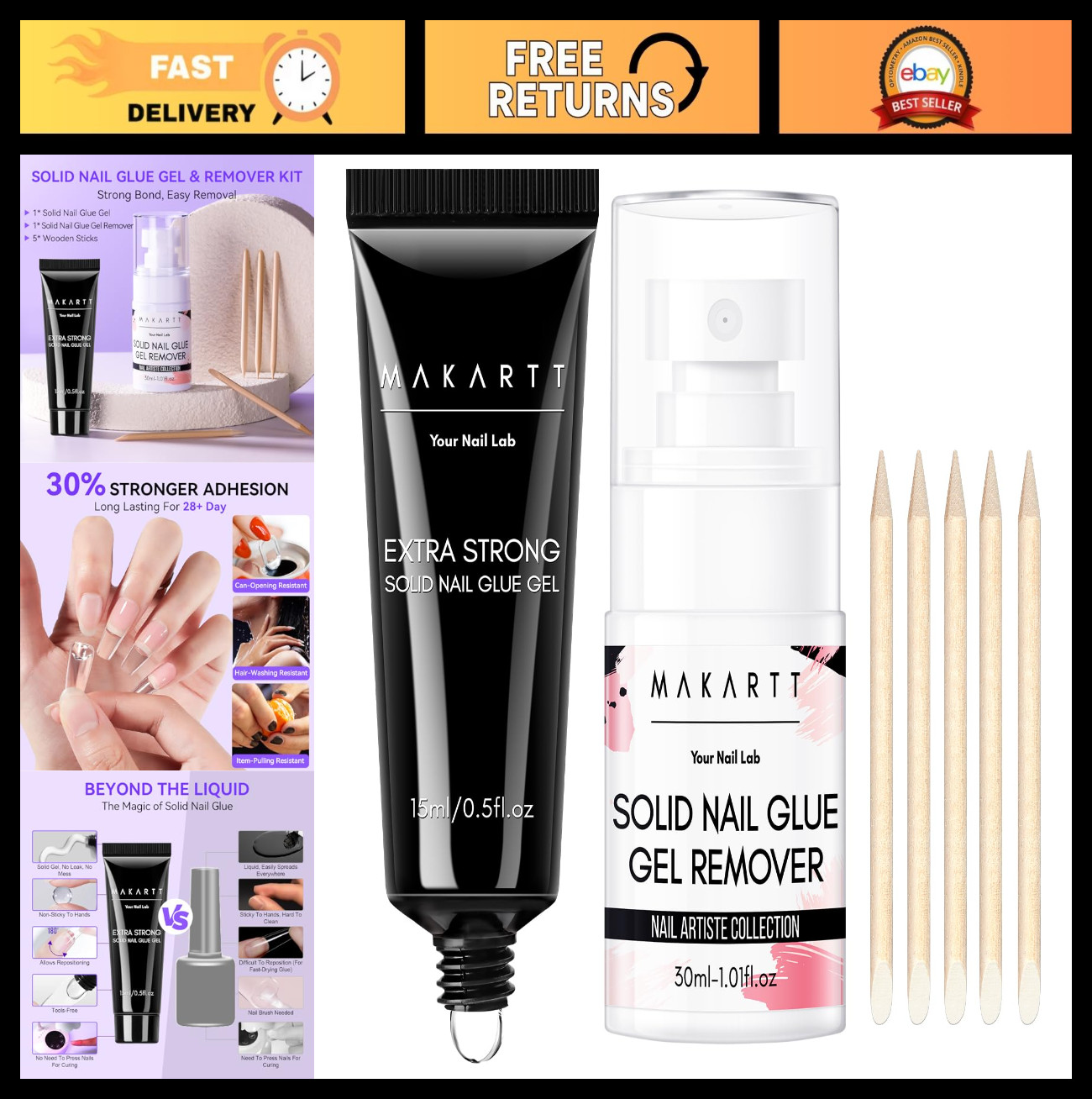 Super Strong Nail Glue & Remover Kit – 30ml Gel for Press-On Tips, Easy Polish R