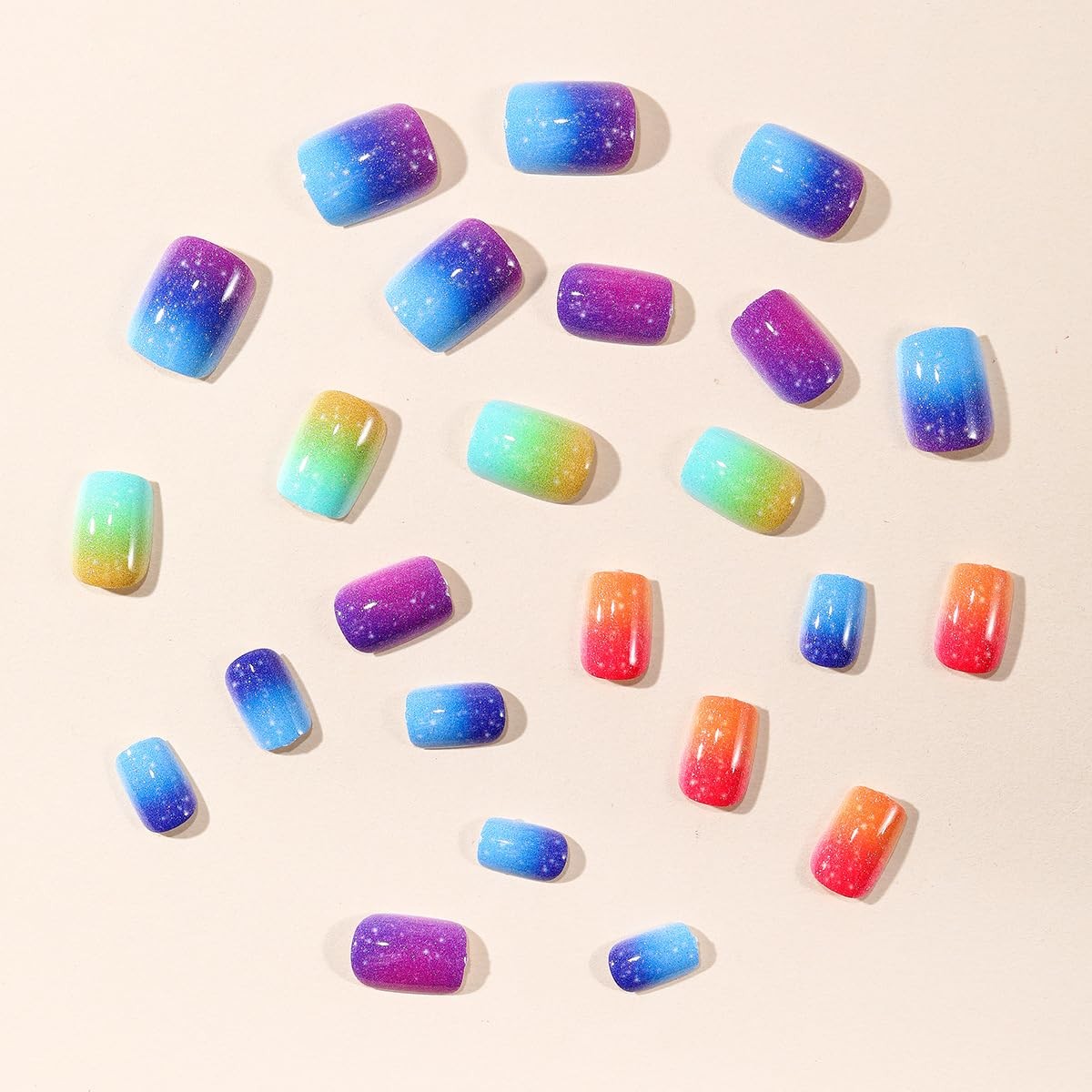 Colorful Glitter Press on Nails Extra Short Square Fake Colorful Ombre Glitter