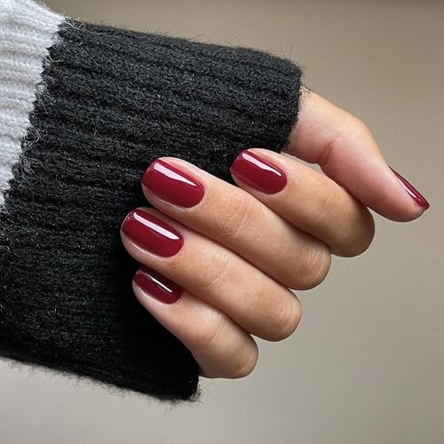 48Pcs Wine Red Press on Nails Short Square Fake Nails, square glossy wine red
