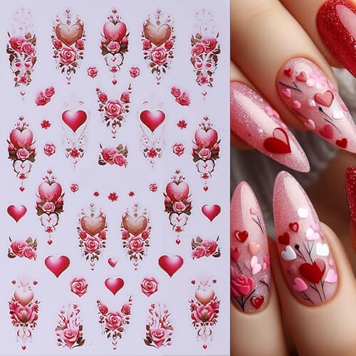 5Pcs Valentine’s Day Nail Art Stickers Rose Heart Flower Nail Stickers 3D Self