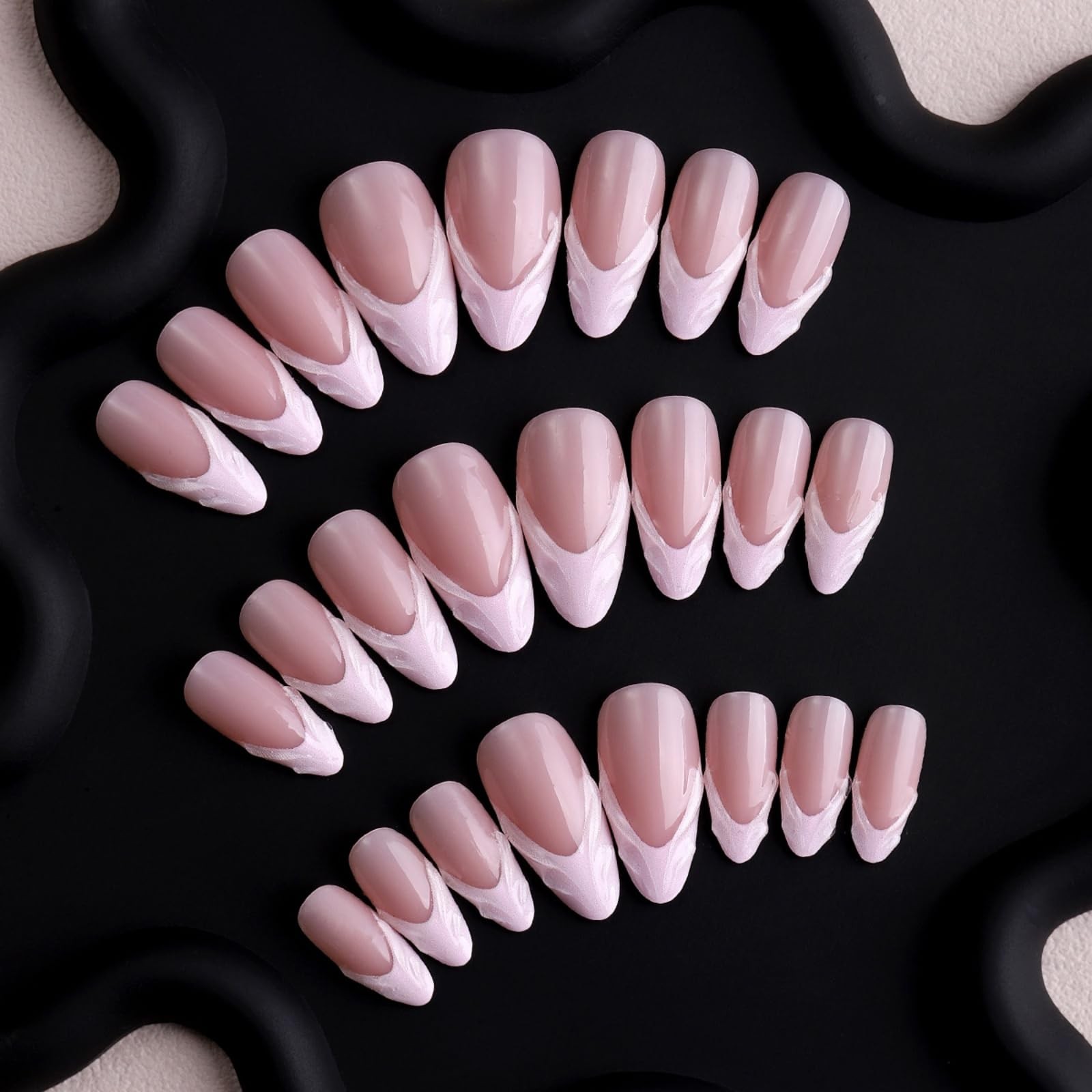 Pink French Tip Press on Nails Medium Almond Fake Nails 3D Swirl Stick on Nai…