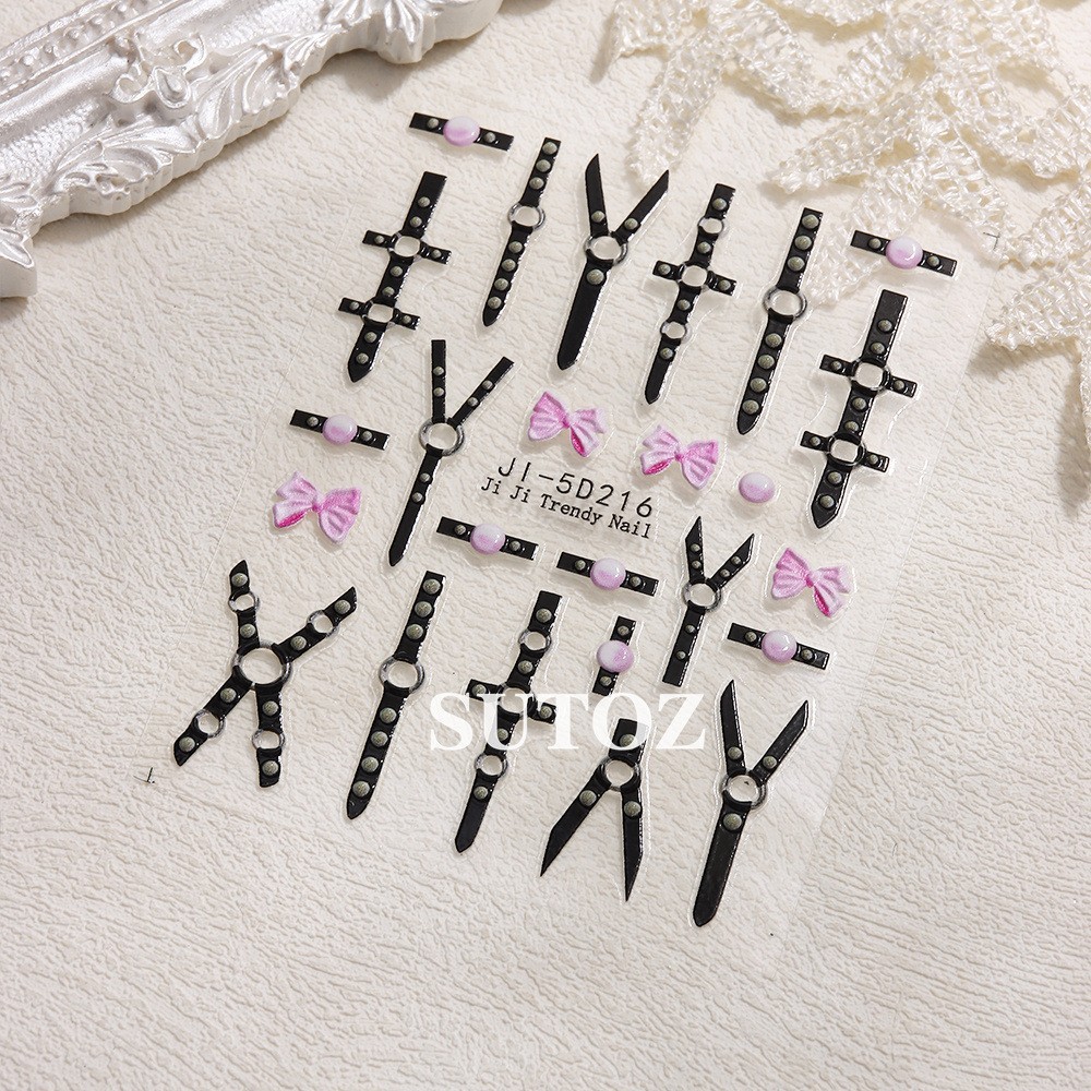 Nail Art Stickers Black Relief Belt Bondage Gothic Stiletto French Decals NH27