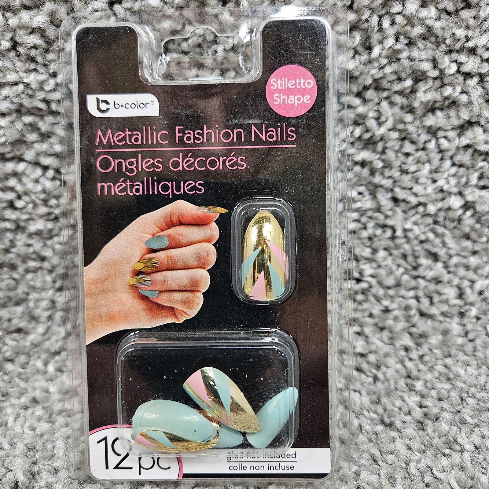 B-Color Metallic Fashion Nails Set 3 Pack Stiletto Shape 12pc Glue On Gold Tips