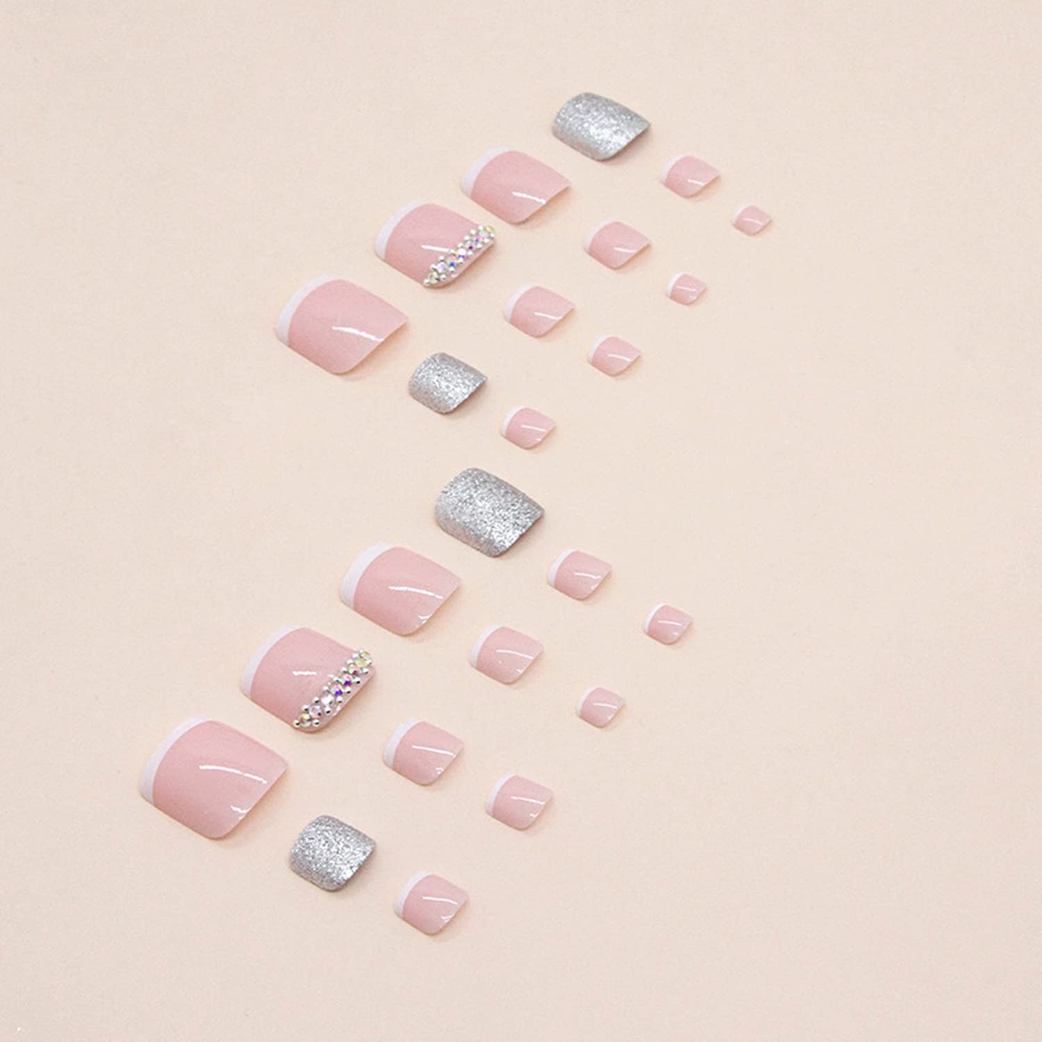 French Tips Press on Toenails,Square White Tips False Toe Nails Glitter Rhine…