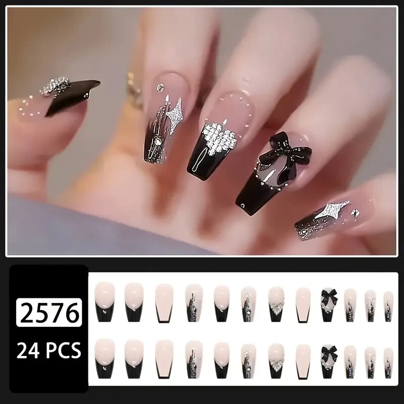 New – 3D Rhinestones Nails Full Cover Stick 24 pcs. ( Medium Length ) US