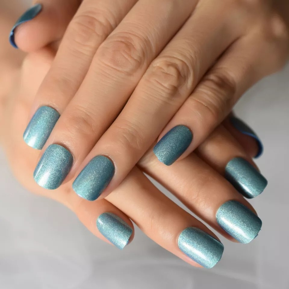 24 Shiny Blue mystic Press On Nails Short Glue On trendy glitter shimmer silver