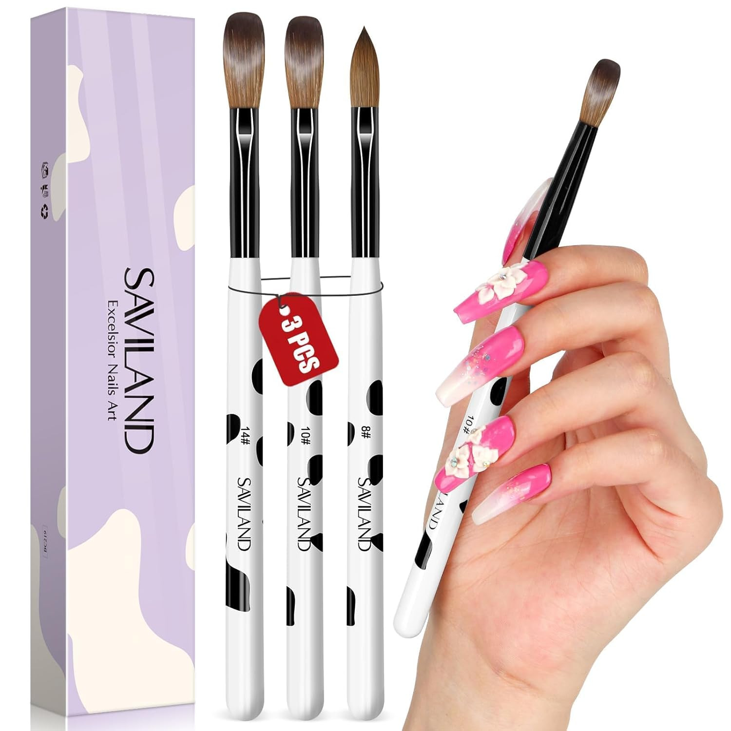 Saviland 3Pcs Acrylic Nail Brush Set, Size 8/10/14 Kolinsky Acrylic Nail Brushes