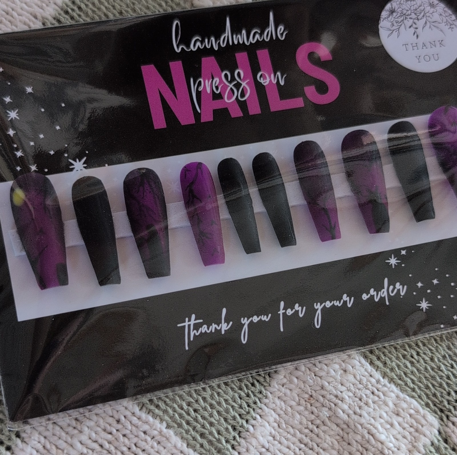 Handmade Press-On Nails Long Coffin Purple Black Sized Extra Small