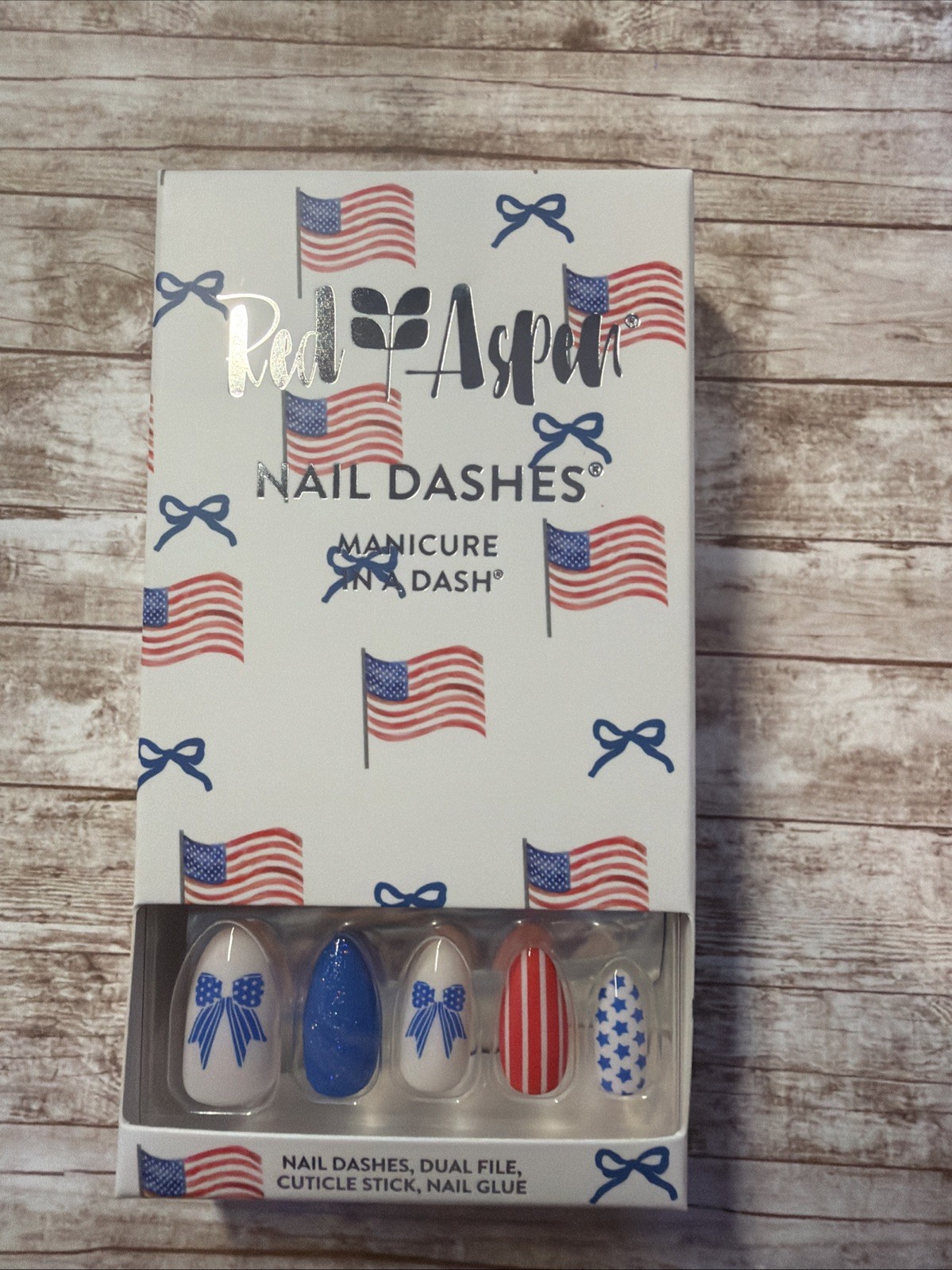 Red Aspen All American Girl Ash Patriotic 4th of July Press On Nails Almond MED