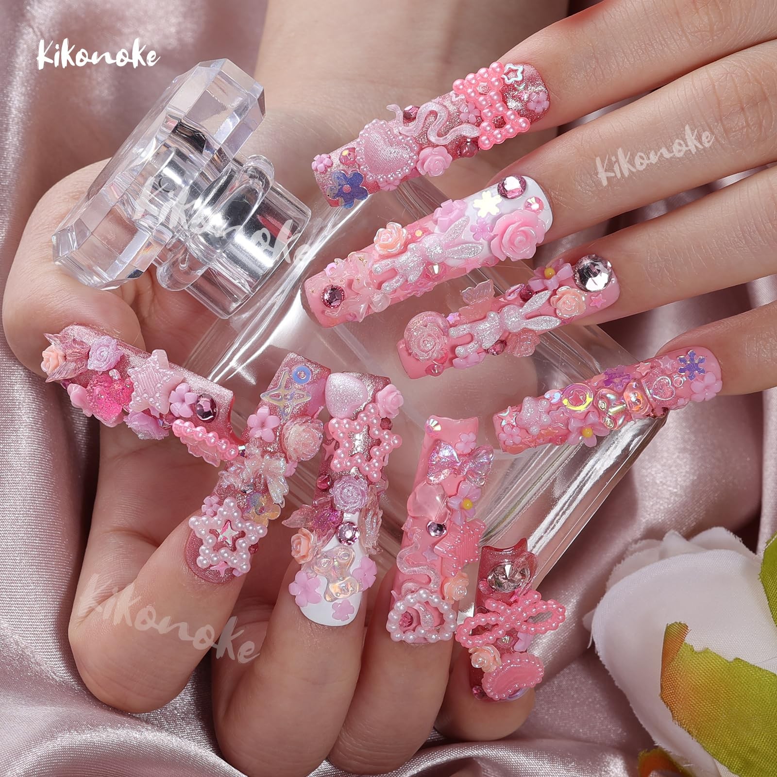 400Pcs Pink Nail Charms Kit, 3D Nail Gems and Rhinestones Flatback Pearls Mix…
