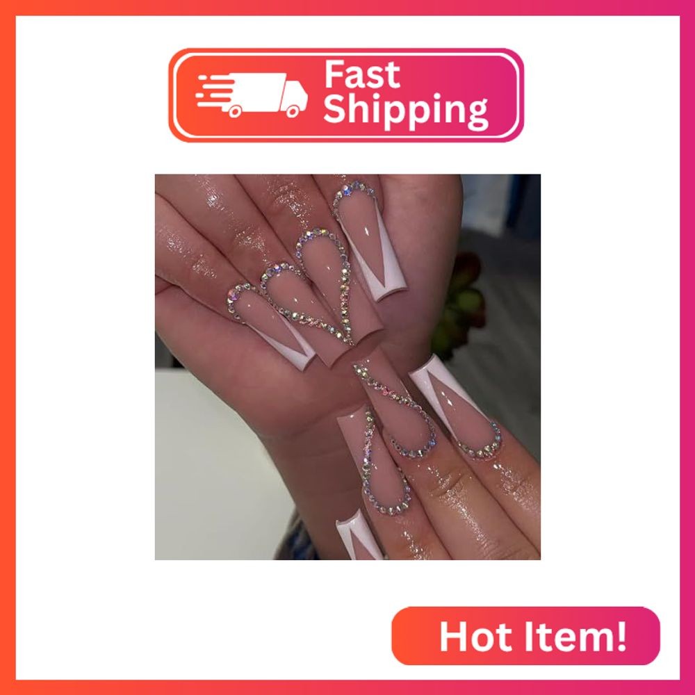 AkiliBIELY Square Press on Nails Medium Long French Tip White Pink Bare Fake Nai