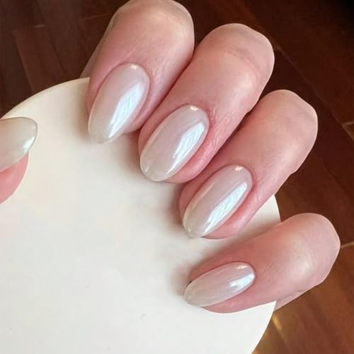 Press on Nails Short Almond Fake Nails Aurora False Nails with White Chrome